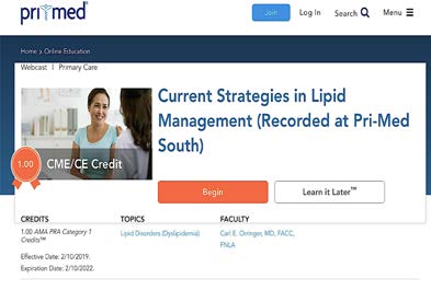 Figure 6. Recorded Pri-Med guideline educational content and webinar by Dr. Carl Orringer.