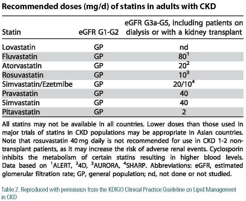 Table 2. Reproduced with permission from the KDIGO Clinical Practice Guideline on Lipid Management in CKD. The table lists recommended doses (mg/d) of statins in adults with CKD. They are as follows: Lovastatin: nd. FLuvastatin: 80. Atorvastatin: 20. Rosuvastatin: 10. Siimvastatin/Ezetmibe: 20/10. Pravastatin: 40. Simvastatin: 40. Pitavastatin: 2.