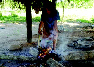 Figure 4. A Tsimane woman preparing a squirrel monkey over an open fire in her home