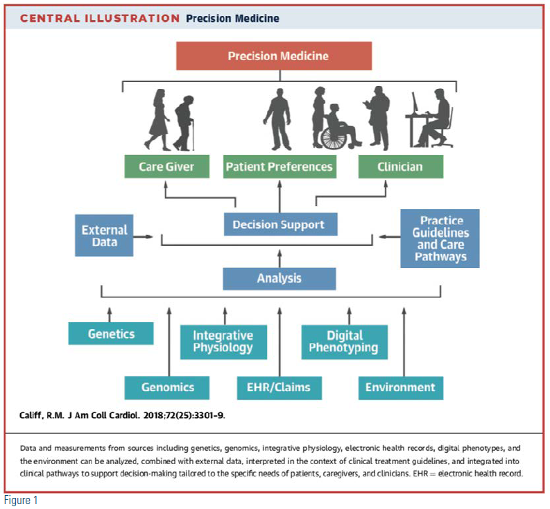 Figure 1: Data and measurements from sources including genetics, genomics, integrative physiology, electronic health records, digital phenotypes, and the environment can be analyzed, combined, with external data, interpreted in the context of clinical treatment guidelines, and integrated into clinical pathways to support decision-making tailored to the specific needs of patients, caregivers, and clinicians. EHR = electronic health record.