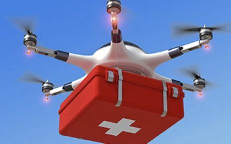 A rendering of a drone being used to delivery medicine.